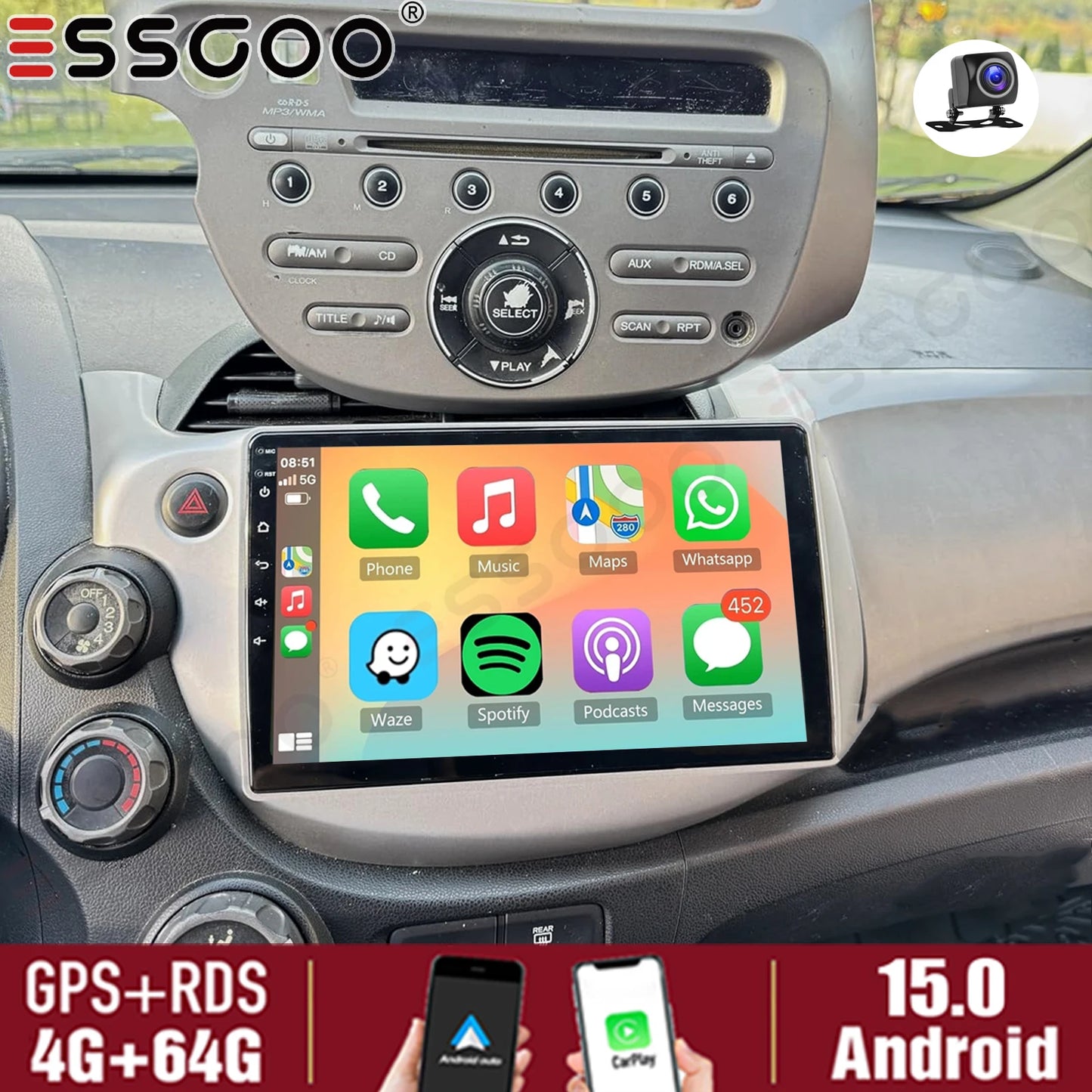 ESSGOO Android Car Stereo Apple CarPlay For Honda Jazz