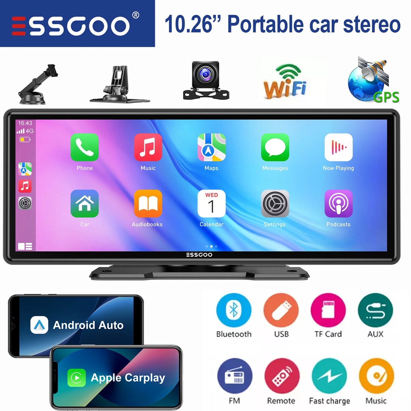 ESSGOO Universal Car Stereo with GPS CarPlay Android Auto Bluetooth