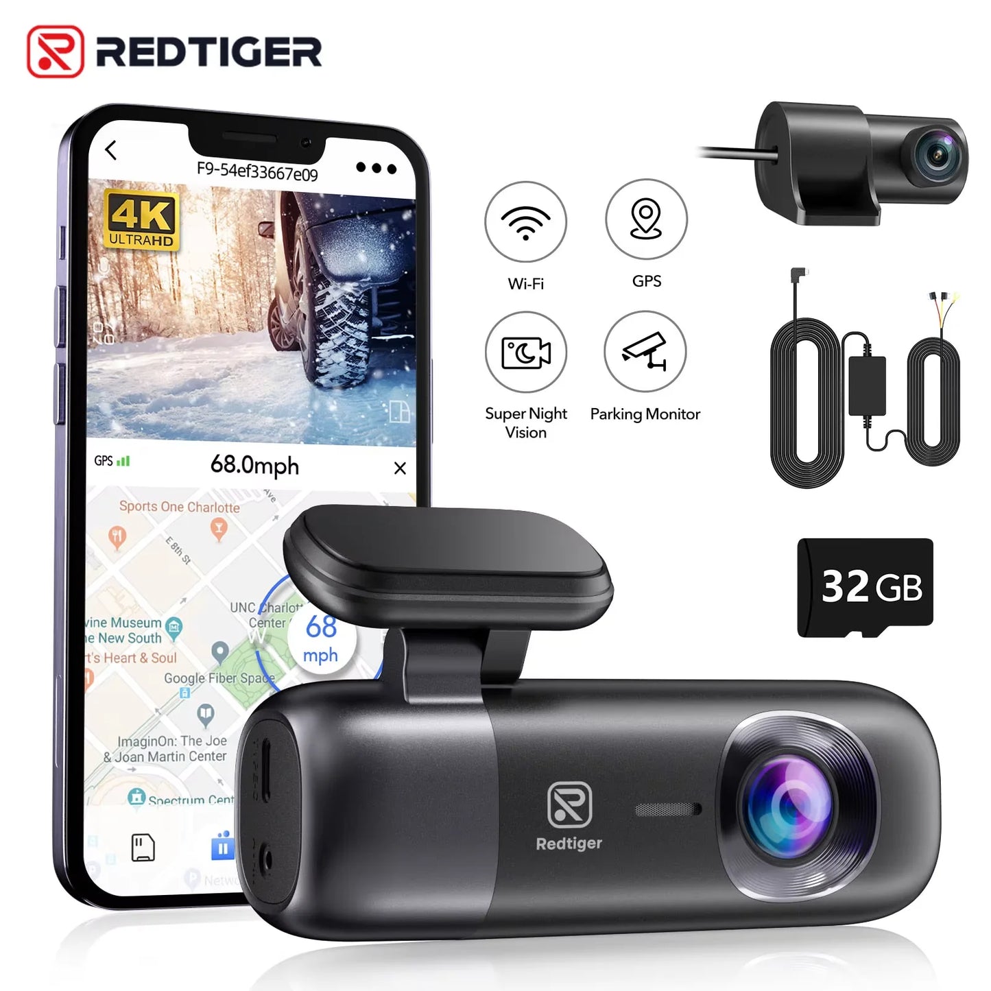 Redtiger F9 Dashcam 4K Frontrear Wifi GPS Nightvision