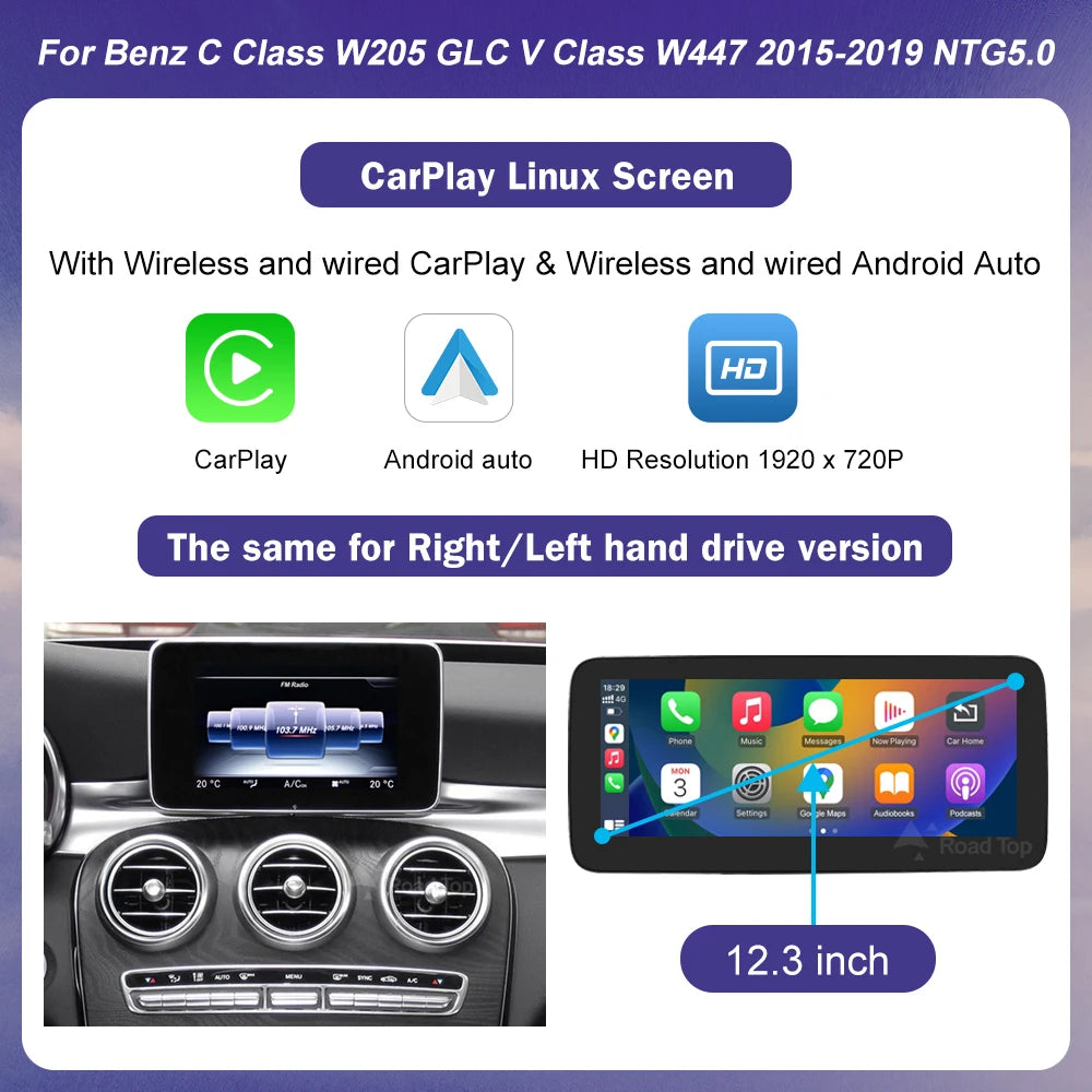 Road Top Wireless CarPlay Linux Screen for Mercedes Benz Vehicles