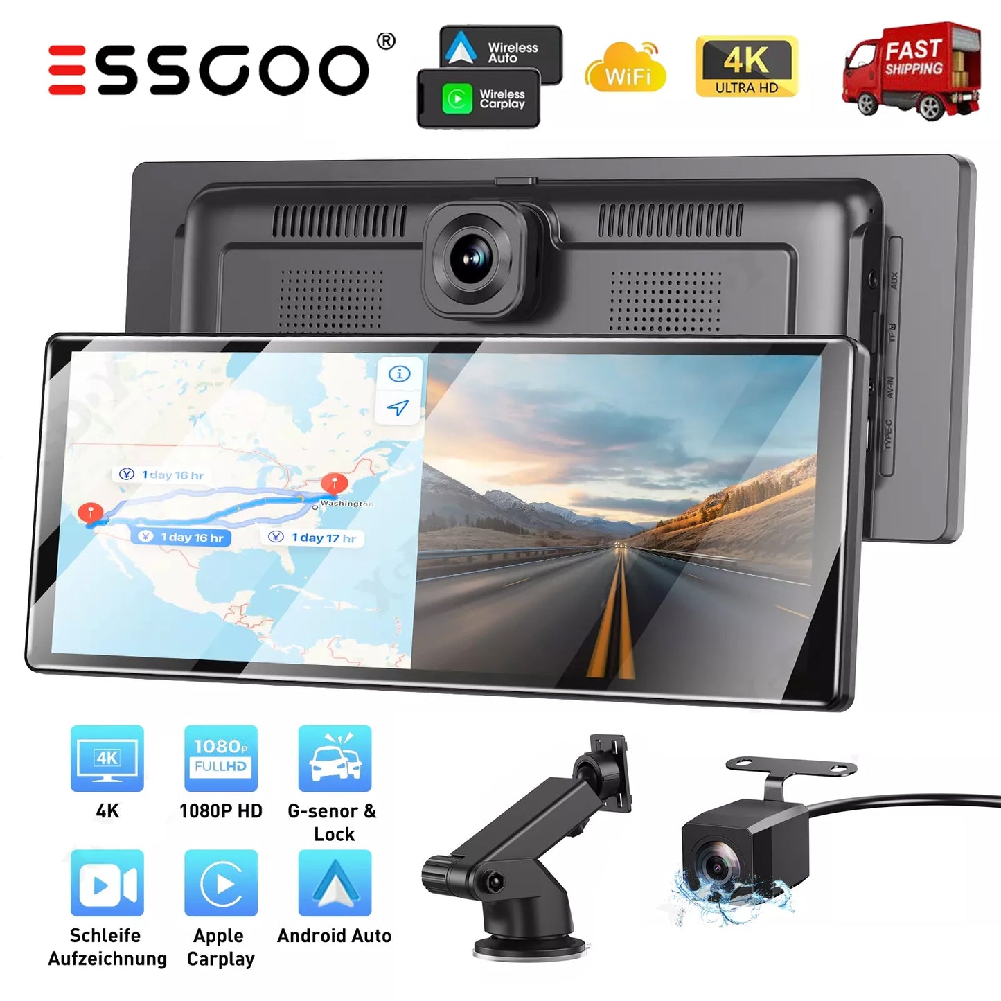 ESSGOO 4K Dash Cam Car Stereo With Apple CarPlay DVR