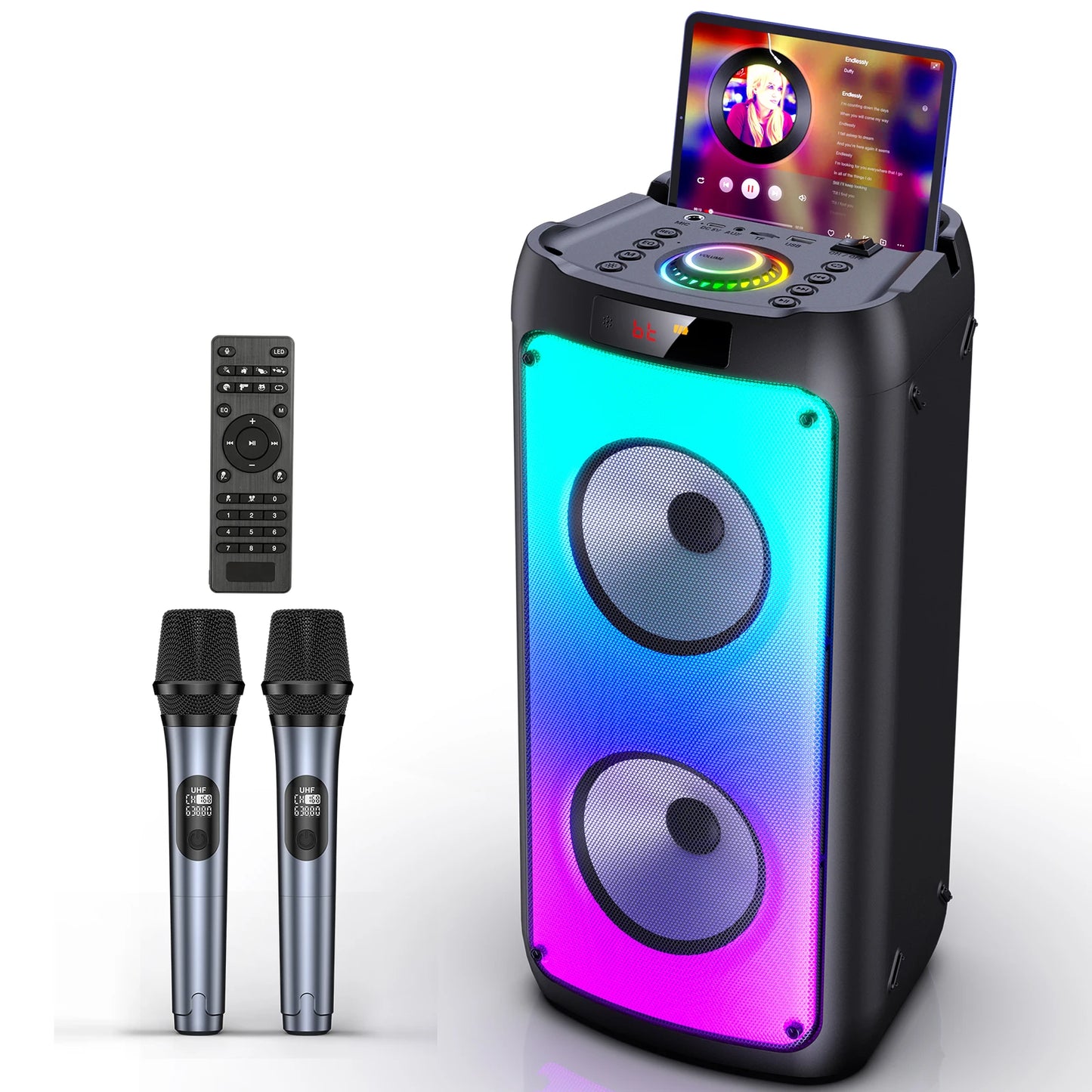 FanFun Wireless Bluetooth Karaoke Speaker with 2 Microphones LED Light