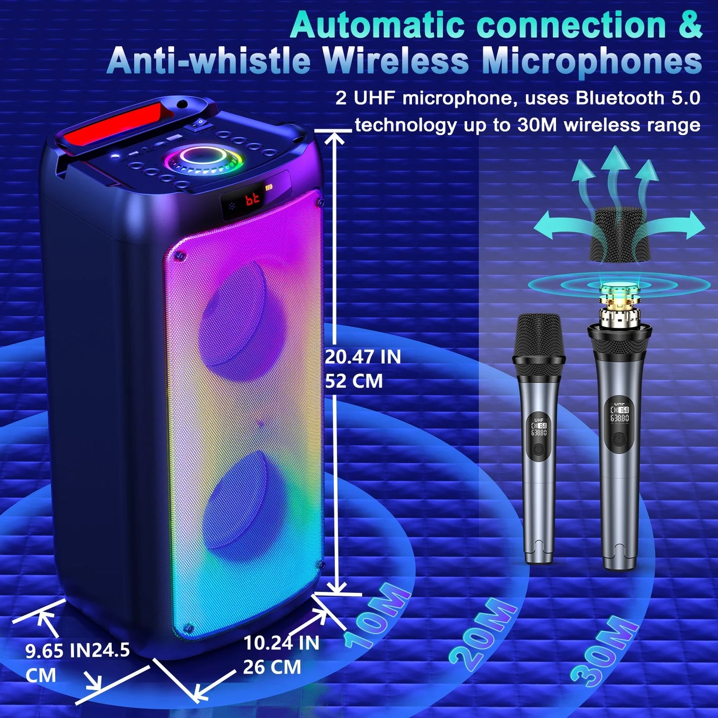 FanFun Wireless Bluetooth Karaoke Speaker with 2 Microphones LED Light