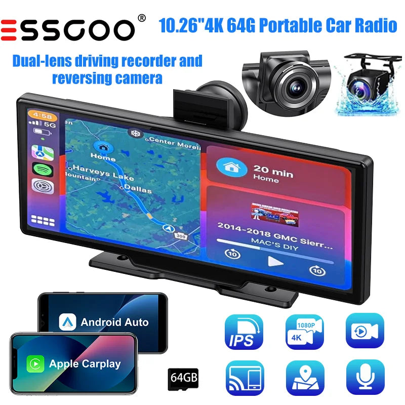 ESSGOO 4K 64G Touchscreen Car Stereo Wireless CarPlay Android Auto