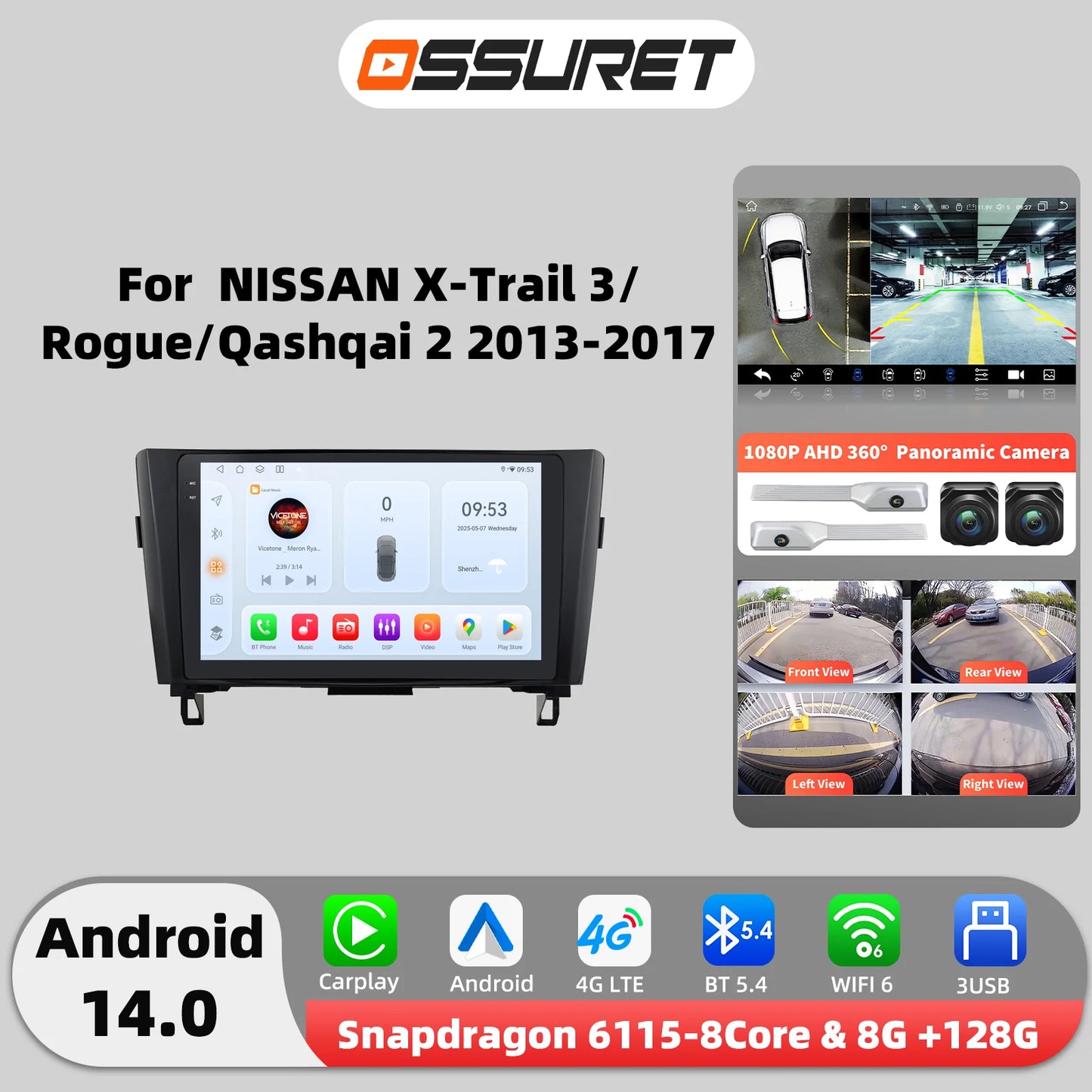 OSSURE Android 14 Car Stereo Nissan Qashqai J11 2DIN