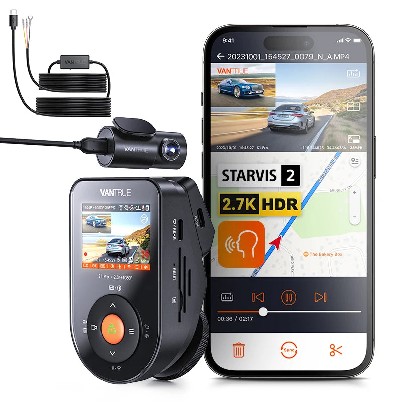 Vantrue S1pro Dash Cam 2.7K Front Rear 60FPS GPS Vision