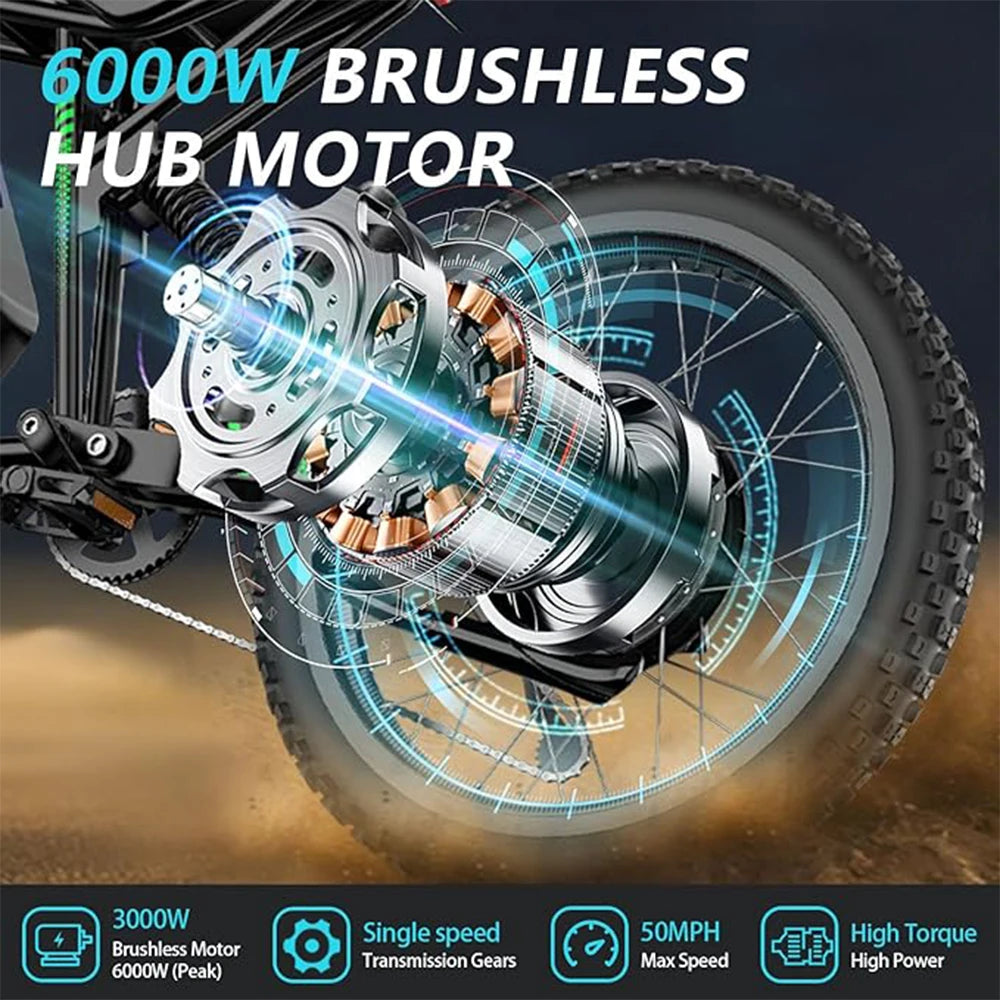 Electric Dirt Bike 6000W 60V 25Ah Battery 50 Miles Range Dual Hydraulic Brakes