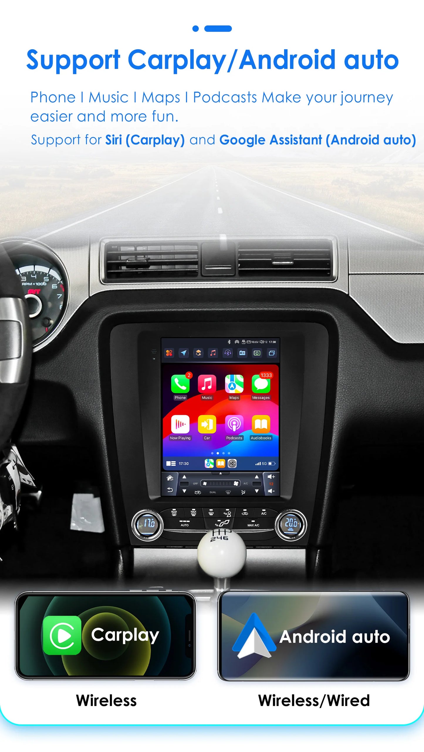 OSSURET Ford Mustang CarPlay Android Auto GPS Stereo Double Din