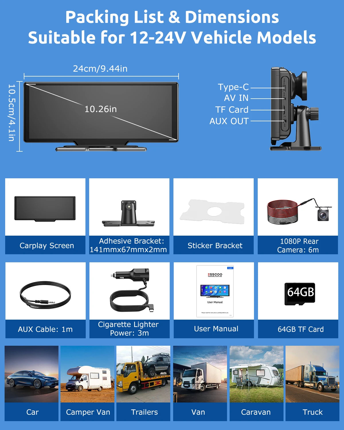ESSGOO 4K Touchscreen Car Stereo With Wireless CarPlay Android Auto