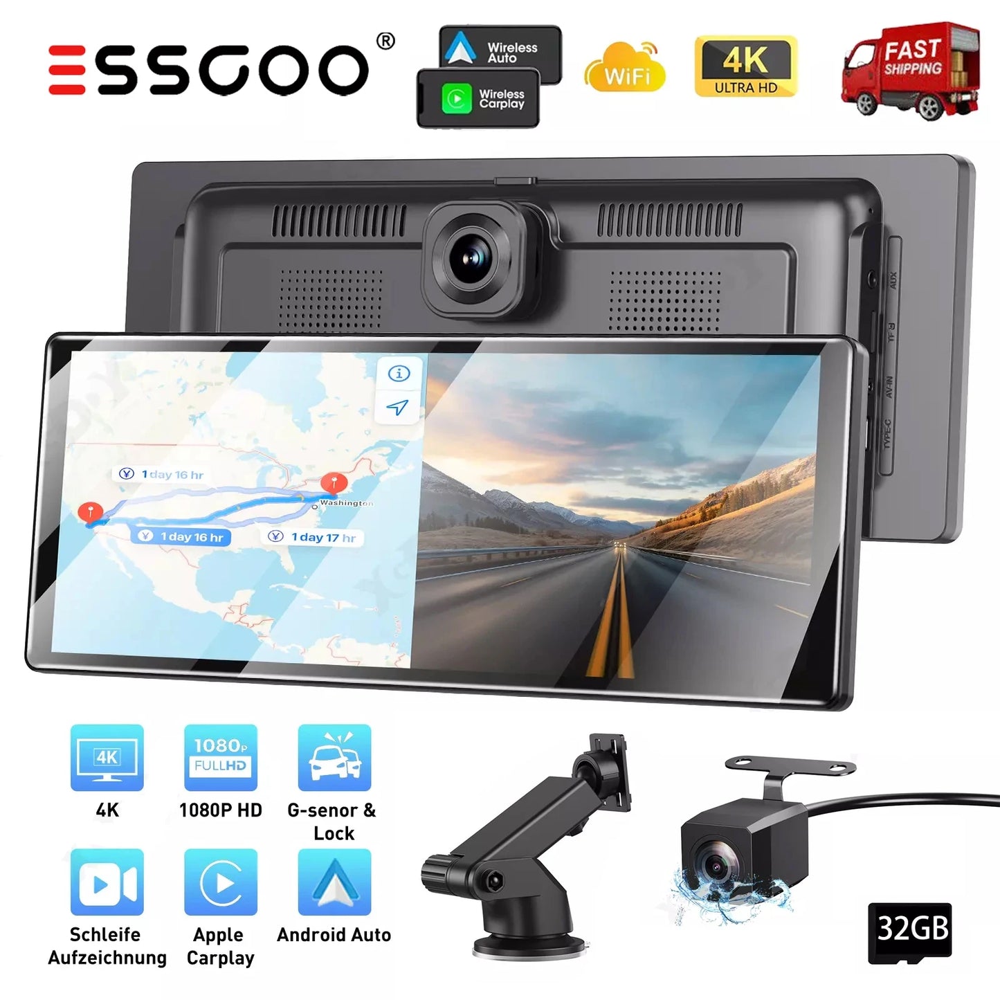 ESSGOO 4K Dash Cam Car Stereo With Apple CarPlay DVR