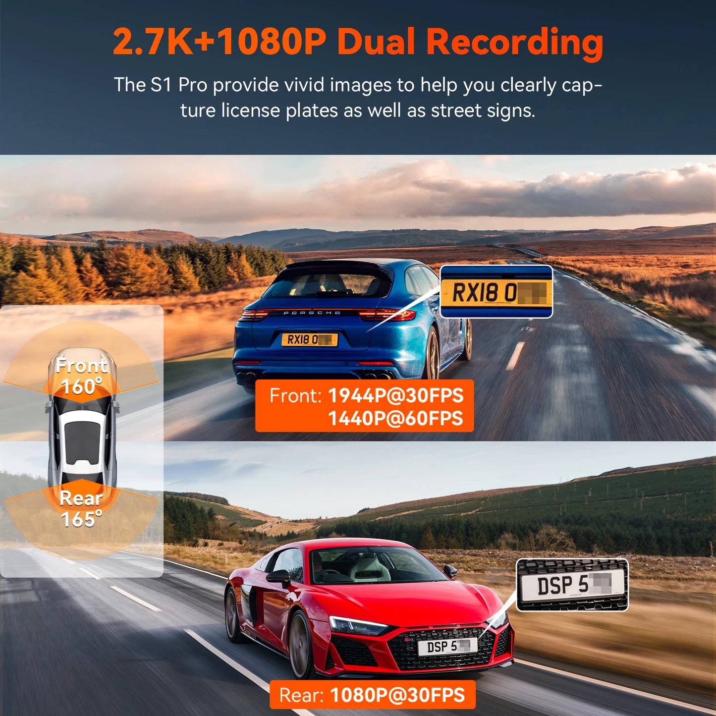 Vantrue S1pro Dash Cam 2.7K Front Rear 60FPS GPS Vision