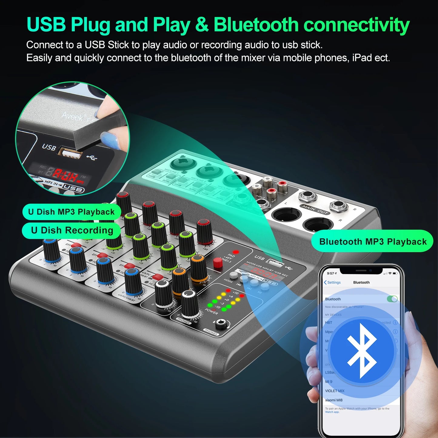 Aveek 5 Channel USB Bluetooth Audio Mixer Studio Sound Board