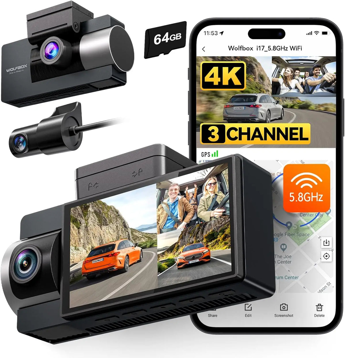 WOLFBOX I17 4K Dash Cam Front Rear GPS Night Vision