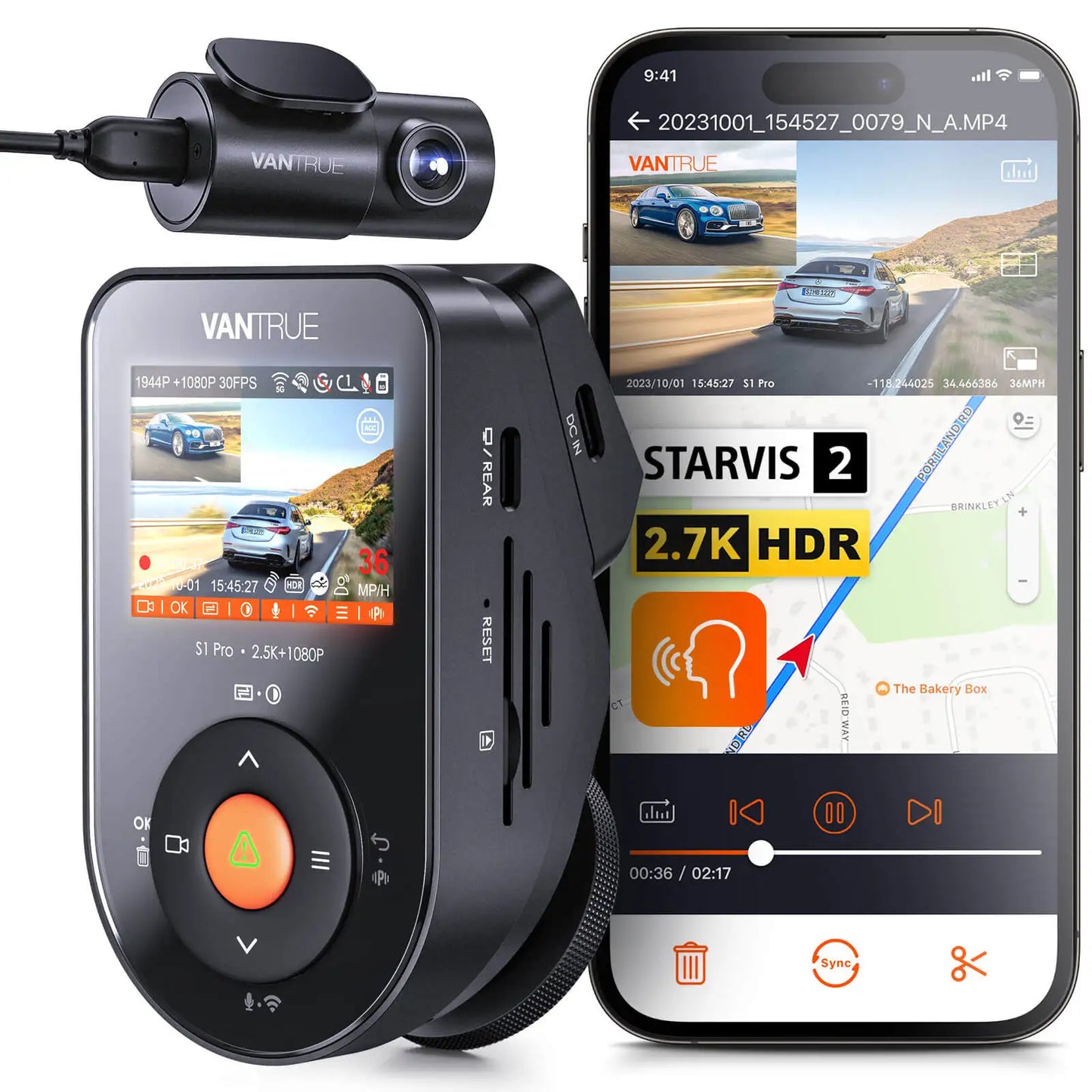 Vantrue S1pro Dash Cam 2.7K Front Rear 60FPS GPS Vision