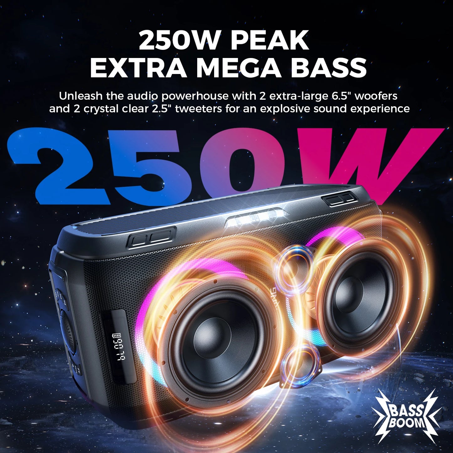 W-KING 250W Bluetooth Speaker Large Party Boombox 120dB