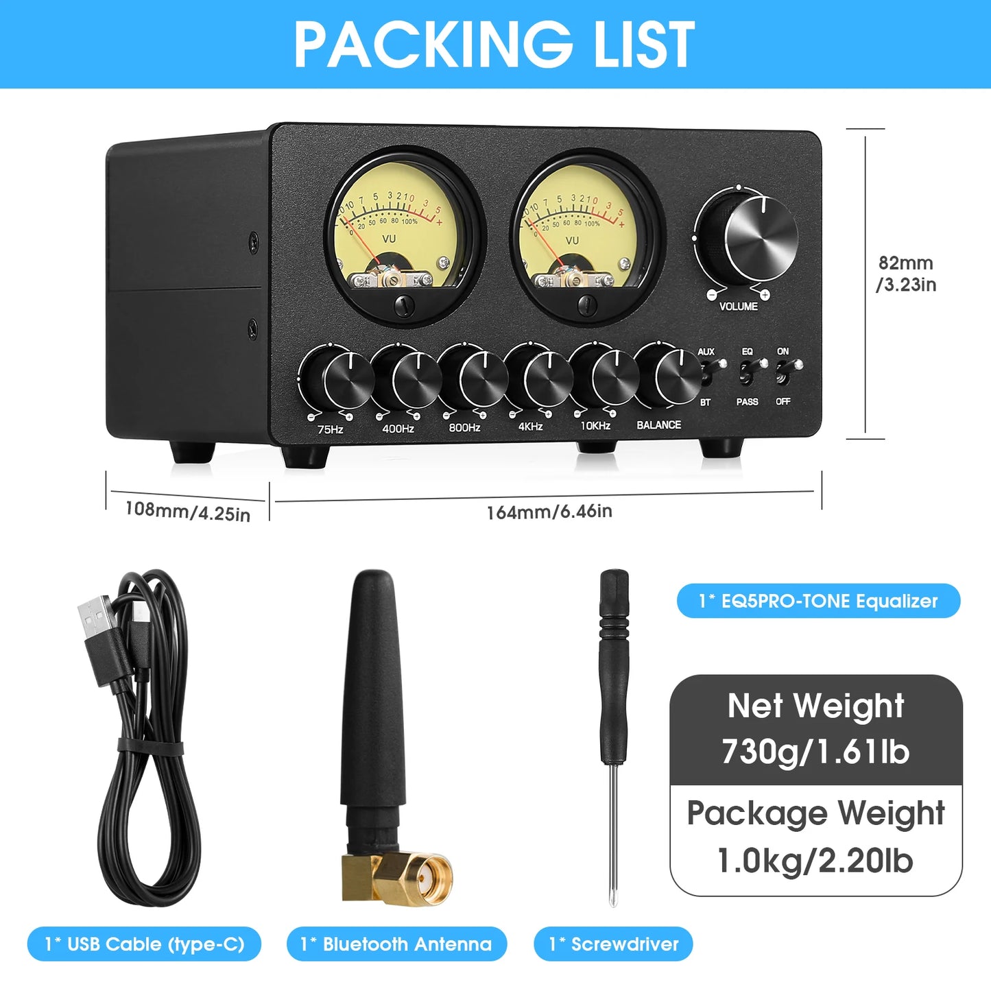 Douk Audio EQ5 Pro Mini 5Band EQ Preamp Bluetooth Stereo Equalizer with VU Meter