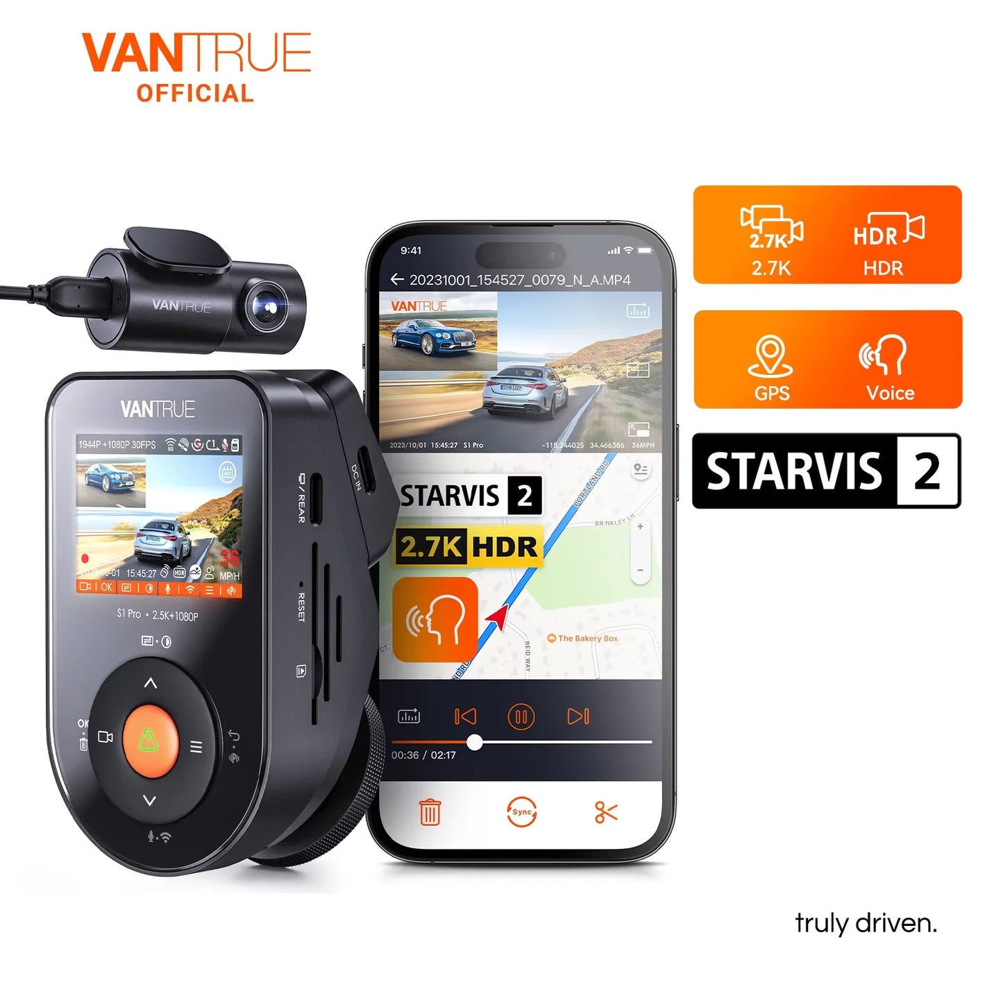 Vantrue S1 Pro Dash Cam 2.7K Front Rear 5G WiFi HDR Night Vision