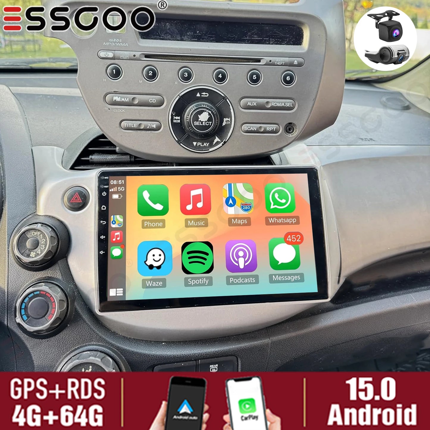 ESSGOO Android Car Stereo Apple CarPlay For Honda Jazz