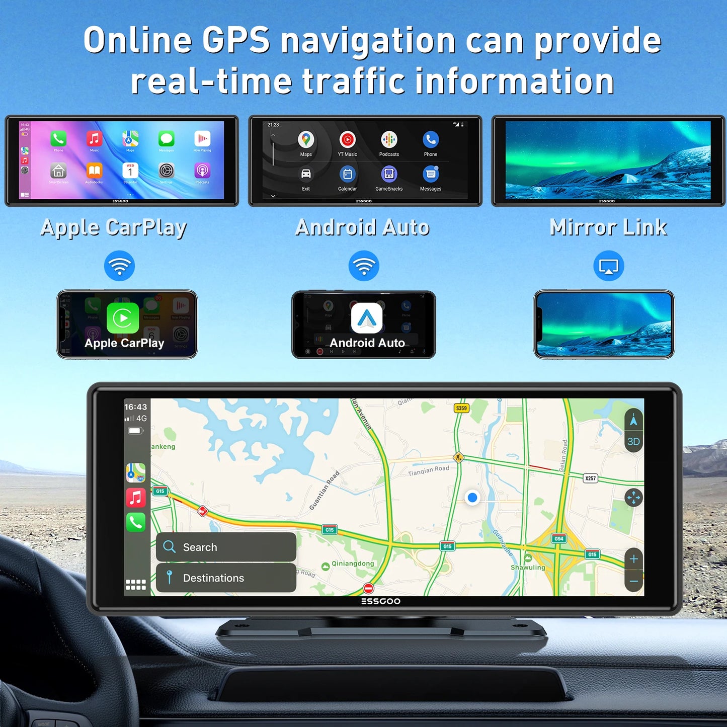 ESSGOO Universal Car Stereo with GPS CarPlay Android Auto Bluetooth