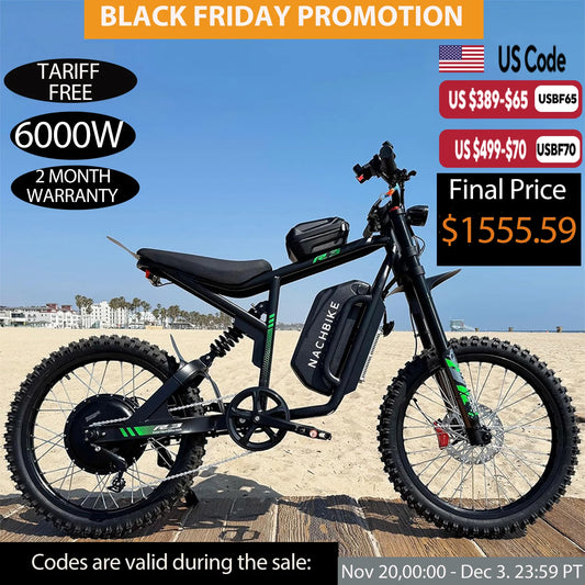 Electric Dirt Bike 6000W 60V 25Ah Battery 50 Miles Range Dual Hydraulic Brakes