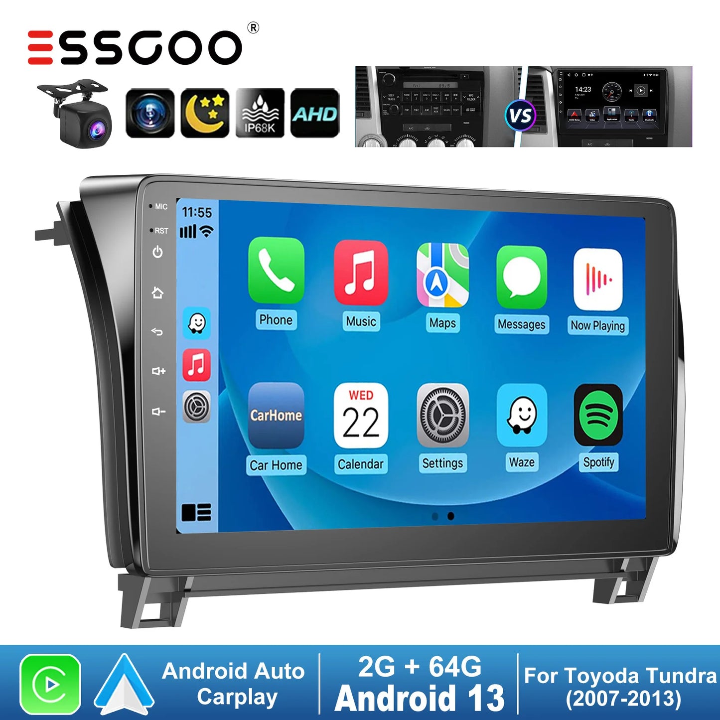 ESSGOO Car Stereo for Toyota Tundra Sequoia Android Auto CarPlay