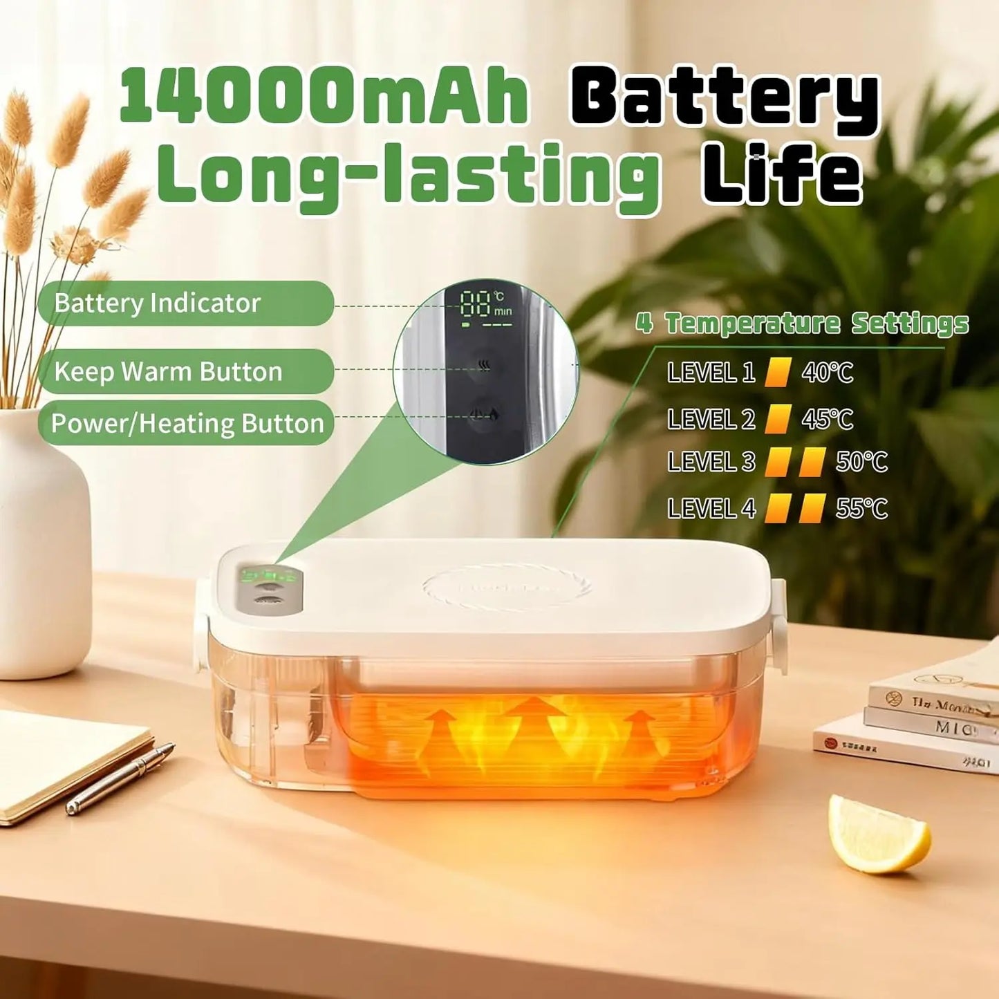 Totitom Cordless Electric Lunch Box with Timer and Adjustable Heat