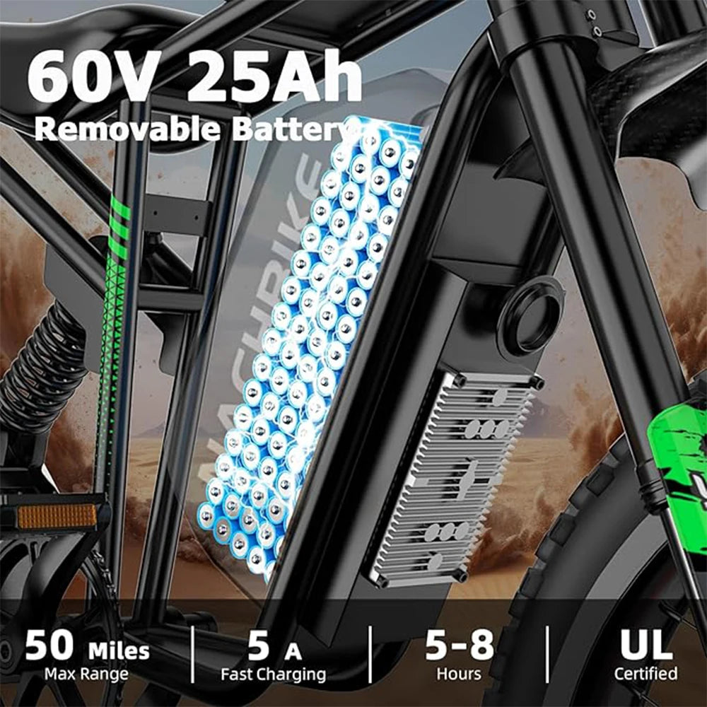 Electric Dirt Bike 6000W 60V 25Ah Battery 50 Miles Range Dual Hydraulic Brakes