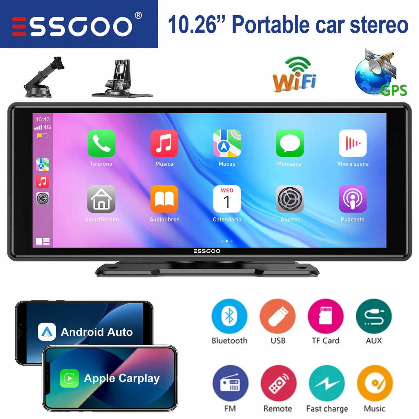 ESSGOO Universal Car Stereo with GPS CarPlay Android Auto Bluetooth