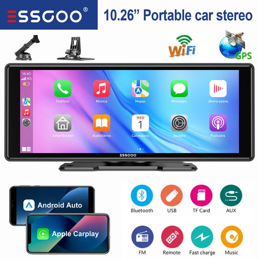 ESSGOO Universal Car Stereo with GPS CarPlay Android Auto Bluetooth