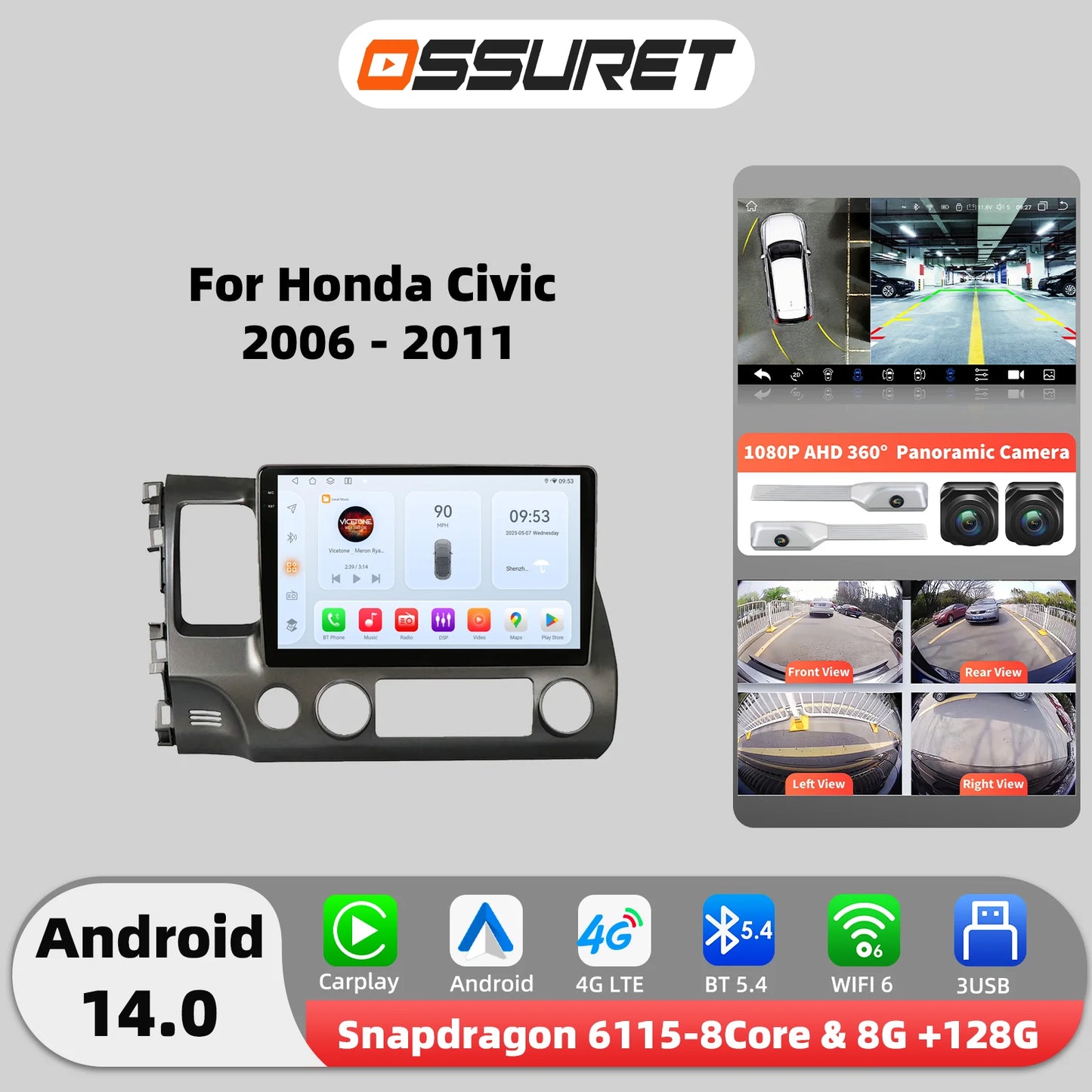 OSSURET Android 12 Car Radio For Honda Civic GPS Navi