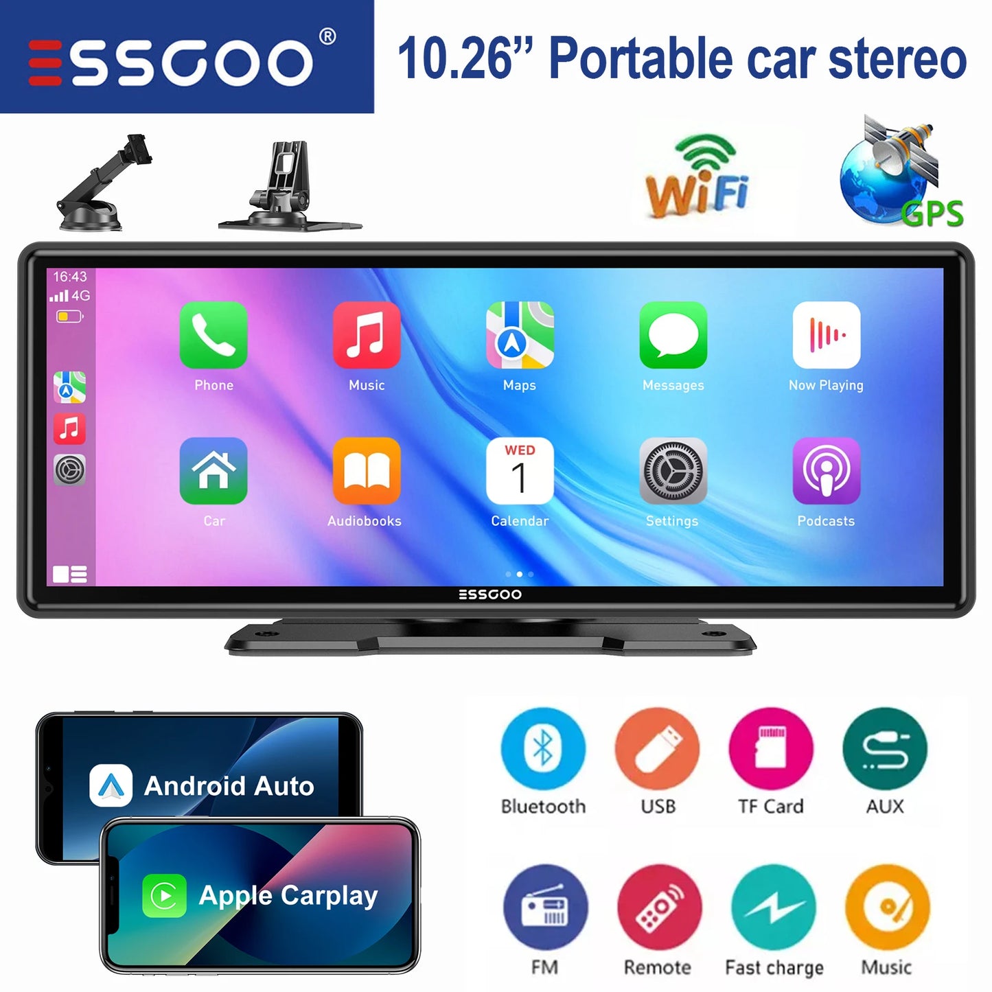 ESSGOO Universal Car Stereo with GPS CarPlay Android Auto Bluetooth