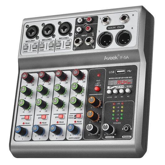 Aveek 5 Channel USB Bluetooth Audio Mixer Studio Sound Board