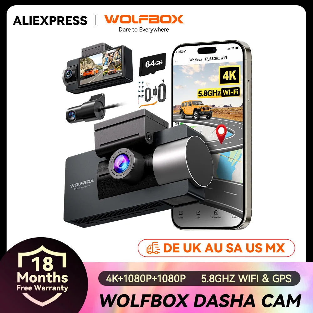 WOLFBOX I17 4K Dash Cam Front Rear GPS Night Vision