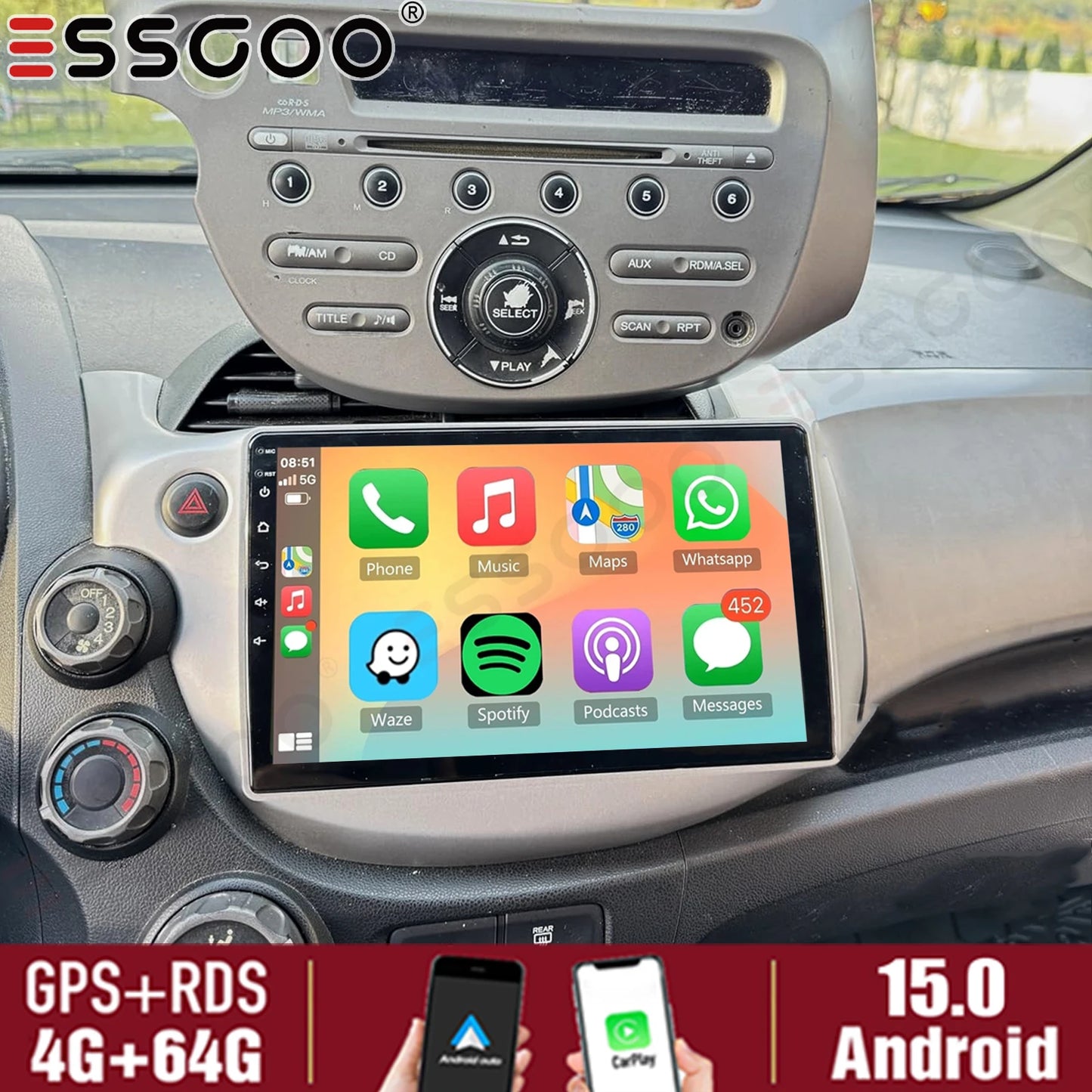 ESSGOO Android Car Stereo Apple CarPlay For Honda Jazz
